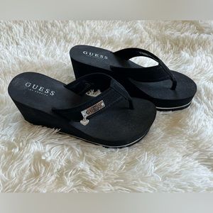 Guess black high sexy wedge sandals with silver heart charm 6 new open box
